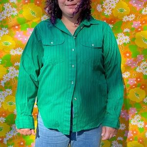 French Navy green and navy stripe denim twill button up shirt